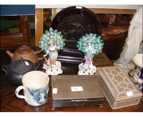 Various collectables, including oriental teapot, plaque, etc. CONDITION REPORTLid to oriental redware teapot is a darker colo