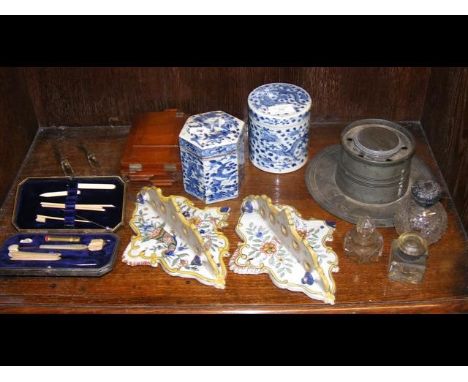Oriental circular jar and cover, together with other collectables CONDITION REPORTRound jar has pitting to top of lid. Hexago