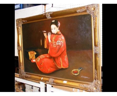 Oil on canvas - oriental lady playing flute - 60cm x 90cm CONDITION REPORTgood condition