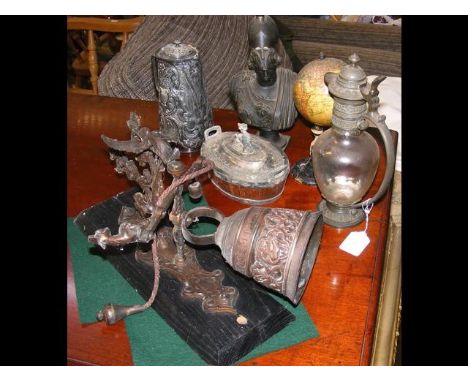 Various collectables, including miniature Philips antique globe, claret jug, bell 