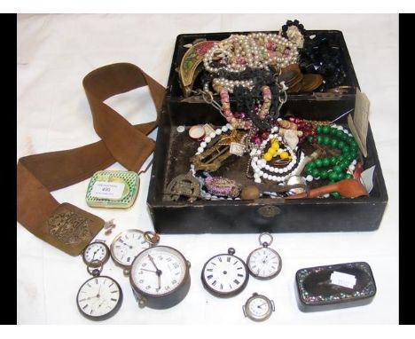 Various collectables, including pocket watches, snuff box, costume jewellery 