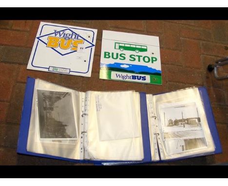 Two metal Wightbus Bus Stop flags, together with a collection of vintage bus and tram photographs 