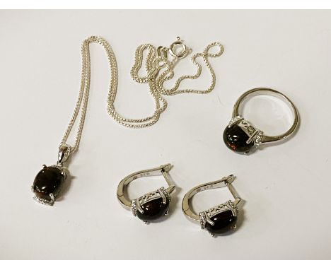 BLACK OPAL SET PENDANT &amp; EARRINGS - SILVER