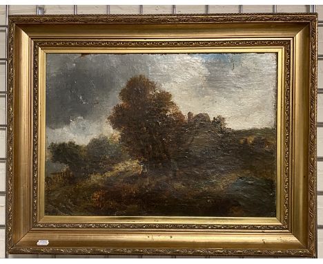 CIRCLE OF JOHN CONSTABLE (1776-1837) OIL ON CANVAS ''COTTAGE IN A LANDSCAPE'' INSCRIBED ON REVERSE 36CM X 53CM A/F
