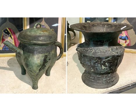 CHINESE BRONZE VERDIGRIS EFFECT TEAPOT - 22.5 CMS (H) APPROX WITH A LARGE ORIENTAL POT