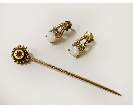 10CT GOLD OPAL &amp; DIAMOND EARRINGS &amp; A 9CT GOLD TIE PIN