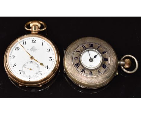 Two keyless winding pocket watches one Tree of London gold plated open faced with subsidiary seconds dial, gold hands, black 