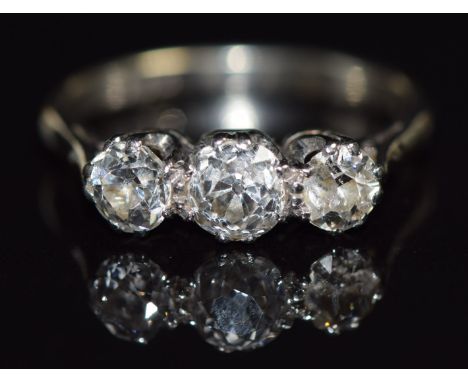 A platinum ring set with three old cut diamonds, total diamond weight approximately 1ct, size M, 3g&nbsp;