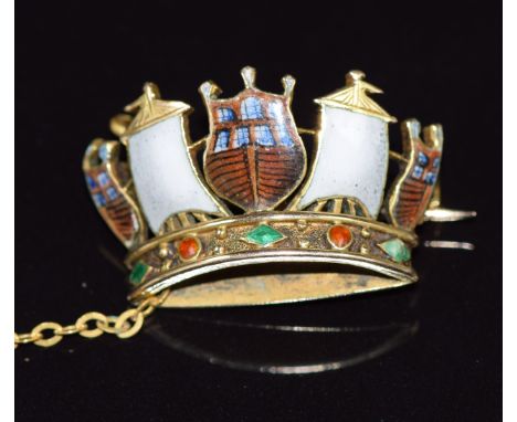 Victorian coronet brooch set with enamel by Emanuel and Son Portsea, 4.4g