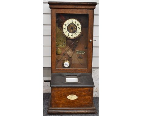 Late 19th/ early 20thC ITR time recording clock in oak case, with ivory coloured Arabic chapter ring and filigree pierced han