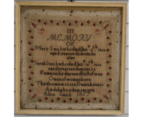 Early Victorian sampler by Alice Smith 1857,&nbsp;40 x 40cm