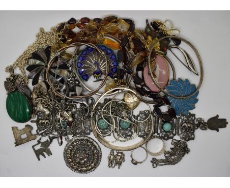 A collection of silver jewellery including enamel filigree brooch, charm bracelet, pendants, rings, bangles, etc&nbsp;