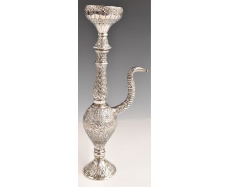 Indian or similar silver hookah or similar pipe with embossed decoration, height 32cm, weight 397g