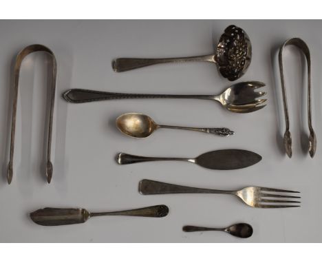 Hallmarked silver cutlery to include sifter spoon, London 1833, maker's mark rubbed, pickle fork/spoon and sugar tongs, weigh