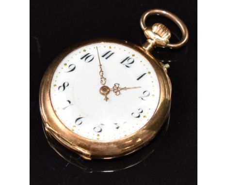 Unnamed 14ct gold keyless winding open faced pocket watch with gold hands, black Arabic numerals, white enamel dial and unsig