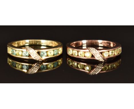 Two 9ct gold rings, one set with demantoid garnets and diamonds (size M, 2.4g) and the other Alexandrite and sphene, size M, 