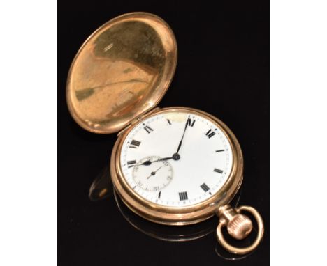 Rolex 9ct gold keyless winding full hunter pocket watch with inset subsidiary seconds dial, blued hands, black Roman numerals