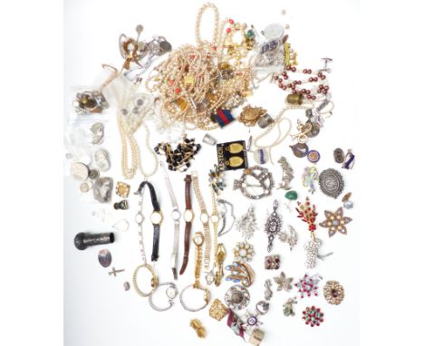 A collection of jewellery including mother of pearl pendant, Chinese white metal handle, silver fob set with enamel, watches,