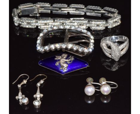 Victorian paste buckle, paste bracelet, silver snake ring, silver brooch set with enamel, silver and paste earrings and a pai