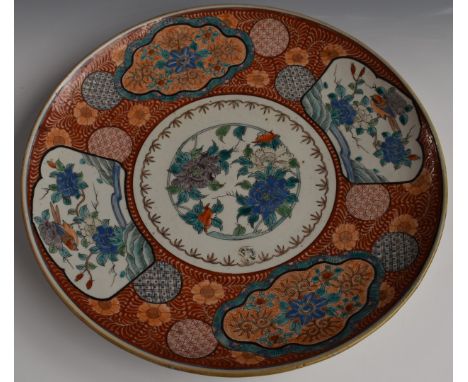Large 19thC Japanese charger with enamel ornithological and floral decoration and character mark verso, diameter 46cm