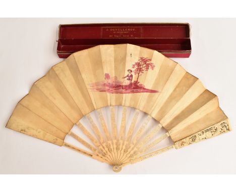 A 19thC Chinese carved ivory fan with pierced guard sticks and Watteau scenes, in J Duvellory box