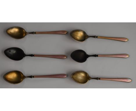 Set of 12 Art Deco hallmarked silver and pink guilloché enamel spoons, import marks for London 1923, maker's mark HIH, length