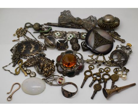 A silver brooch set with agate, filigree brooch, white metal brooch, Siam silver brooch, watch keys, Scottish silver thistle 