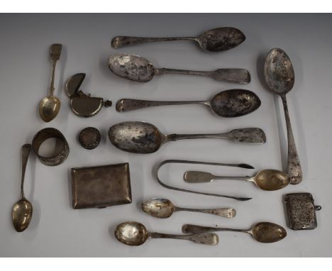 Hallmarked silver cutlery comprising four table spoons, six teaspoons and a pair of sugar tongs, hallmarked silver cigarette 