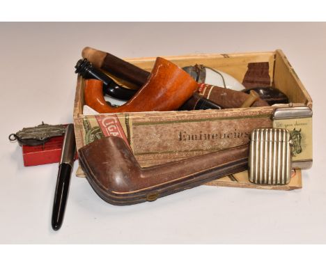 Smoking related items including an advertising vesta for Fleming's 'Teon' Belt, cased silver mounted Meerschaum pipe, carved 