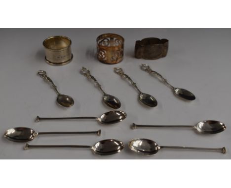 Five hallmarked silver seal top spoons, hallmarked silver napkin ring, four teaspoons marked 800 and a napkin ring marked 835