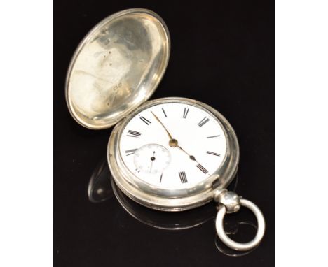 Stewart &amp; Son of London hallmarked silver full hunter pocket watch with inset subsidiary seconds dial, gold hands, black 