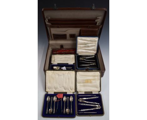 Cased hallmarked silver cutlery comprising set of six teaspoons and tongs and spoon and fork set, weight 172g, cased pair of 