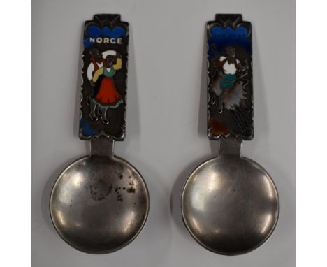 Two Norwegian silver tea caddy spoons with enamelled decoration, both marked 925, length 11.5cm, weight 65g