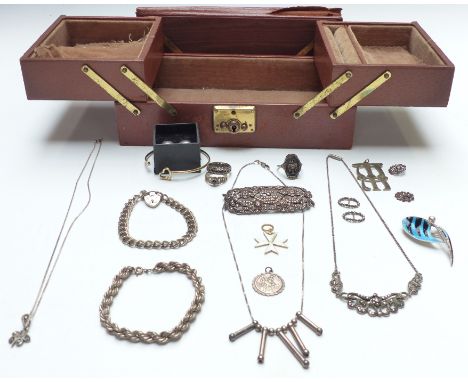 A collection of silver to including marcasite brooch, bracelets, marcasite necklace, cut steel buckles, St Christopher, yello