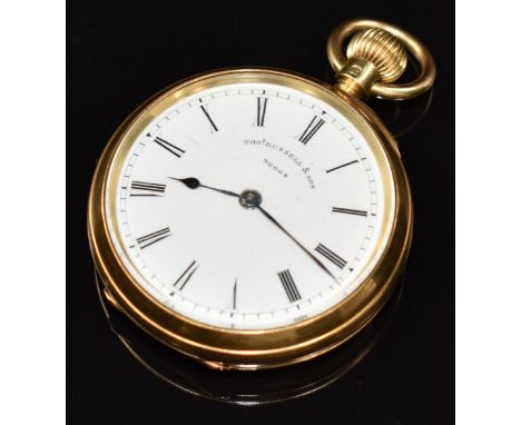 Thomas Russell &amp; Son 18ct gold keyless winding open faced pocket watch with blued hands, black Roman numerals, white enam
