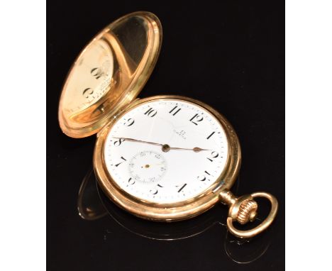 Omega Grand Prix 14ct gold Art Deco style keyless winding full hunter pocket watch with inset subsidiary seconds dial, gold h