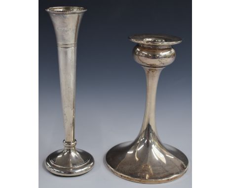 Hallmarked silver candlestick, height 14cm, together with a hallmarked silver trumpet vase