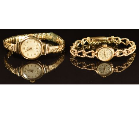 Two 9ct gold ladies wristwatches both with gold hands, Arabic numerals and silver dials, one Rotary on rope style 9ct gold br