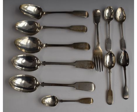 Georgian and later fiddle pattern hallmarked silver cutlery comprising five table spoons including a pair of Exeter examples,