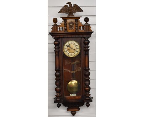 19thC German Vienna regulator style wall clock with half turned columns, two train movement striking on a gong and ivory colo