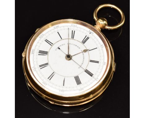 Unnamed 18ct gold open faced centre seconds chronograph pocket watch with blued seconds hand, gold hour and minutes hands, bl