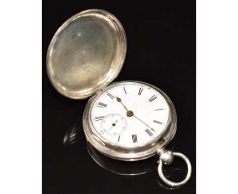 Hallmarked silver full hunter pocket watch with inset subsidiary seconds dial, gold hands, black Roman numerals, white enamel