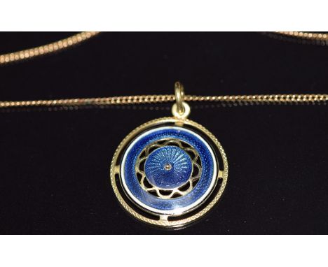 Edwardian 15ct gold pendant set with blue guilloché enamel (2.8g, 2.1cm) on a 9ct gold chain, 2.2g