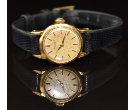International Watch Company (IWC) 18ct gold ladies wristwatch with gold hands, two-tone baton hour markers, champagne dial an