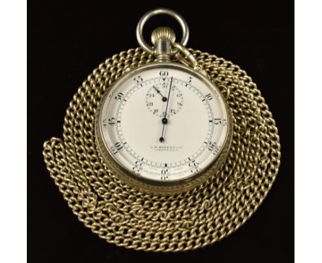 J W Benson Ltd keyless winding open faced stopwatch with blued hands, Arabic numerals and white enamel dial, on white metal c