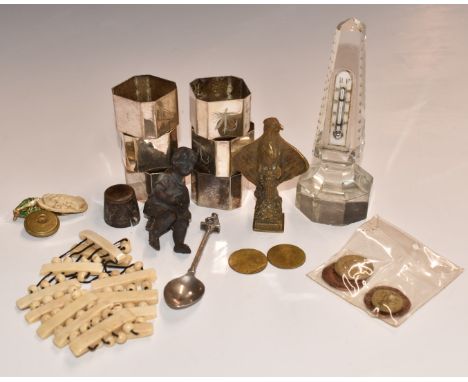 Collectables to include cut glass thermometer, Art Deco silver plated napkin rings, guinea gaming tokens, enamel fish, Roman 