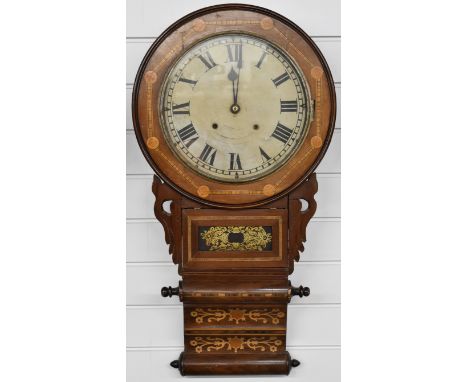 American late 19thC two-train&nbsp;spring driven drop dial wall clock, the case decorated with floral and marquetry inlay and