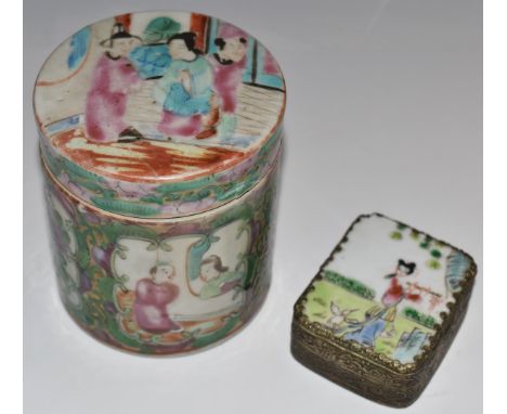 Canton Chinese 19th/20thC covered canister / caddy and a make up box with mirror, H9, diameter 8cm