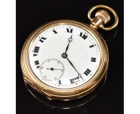 Buren gold plated keyless winding open faced pocket watch with blued Breguet hands, black Roman numerals, white enamel dial a