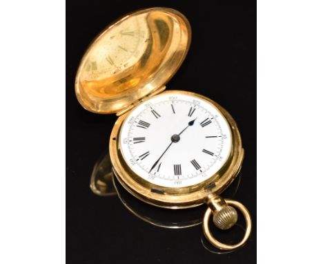 Unsigned 18ct gold keyless winding full hunter repeating pocket watch with blued hands, black Roman numerals, white enamel di